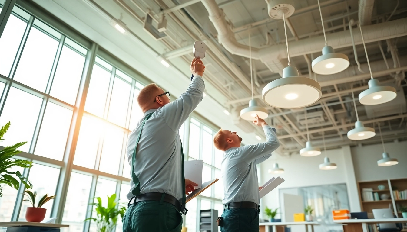Ensure optimal edmonton lighting maintenance with professionals inspecting fixtures in a modern office.