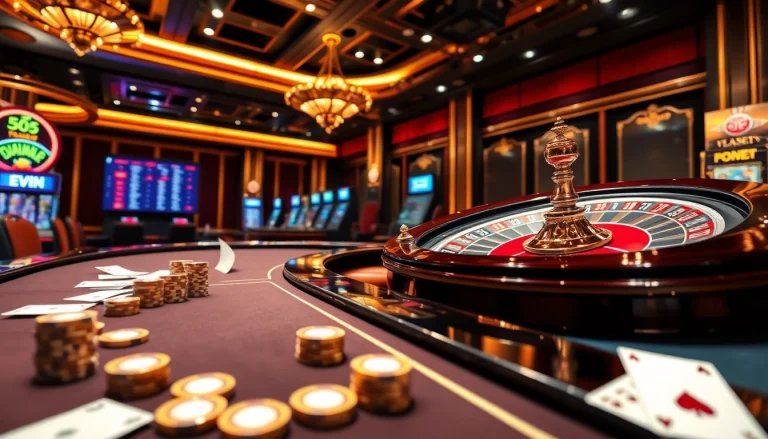 Experience the thrill of gambling at https://fnew88.com/ with a glamorous casino scene featuring poker and roulette.
