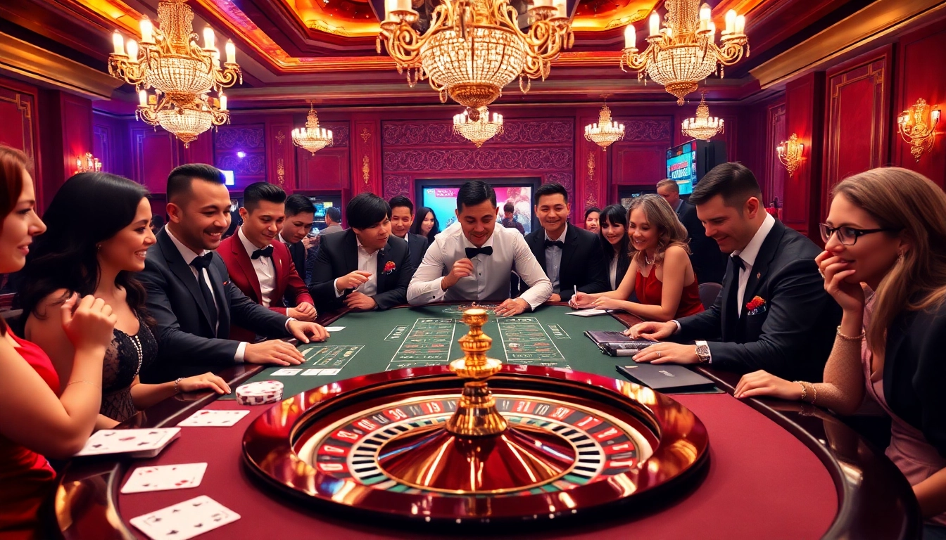 Players engaging in thrilling DH88 casino games at a vibrant gaming table, surrounded by excitement.