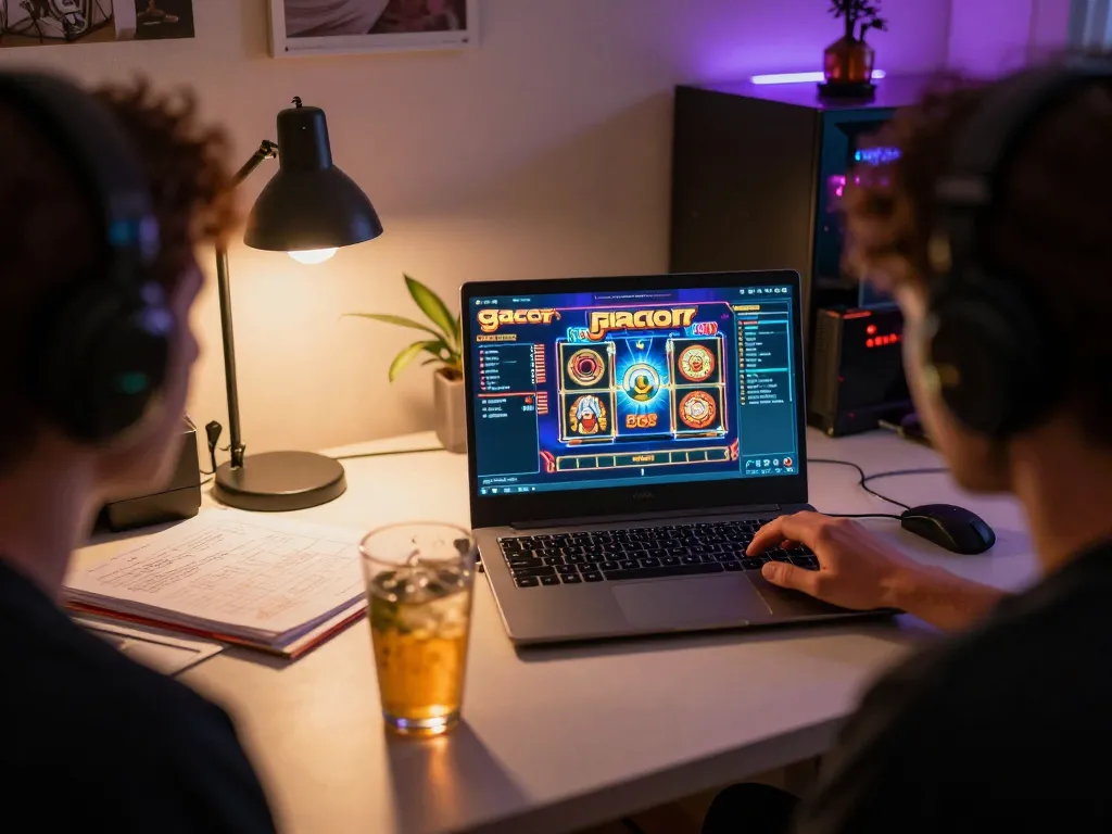 Player engaged in slot gacor gaming on laptop, focused atmosphere with strategic notes.