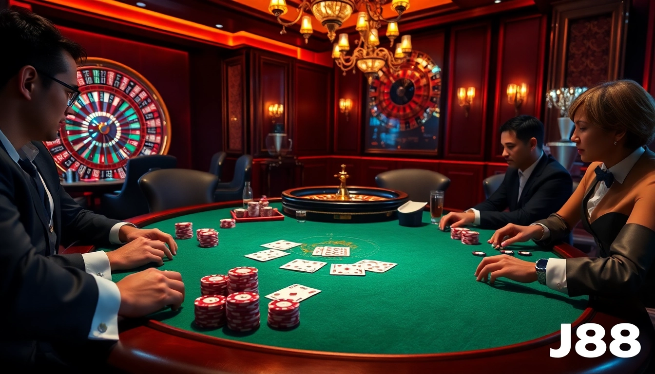 Experience the excitement of high-stakes poker at Nhà cái J88 casino, with vibrant chips and elegant players.