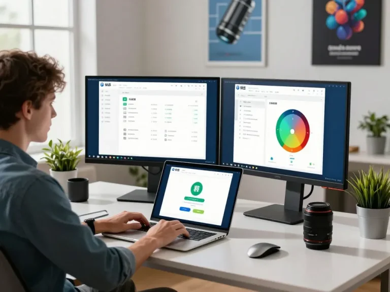 现代工作区中的快连下载，双屏显示应用程序，展示出科技感十足的环境。