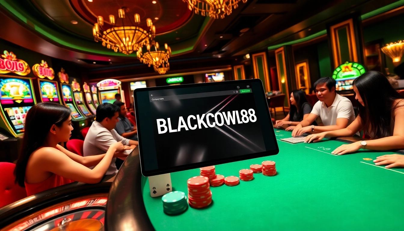 Engage with thrilling gameplay at BLACKOWL88's unique online gambling platform featuring slot machines and poker chips.