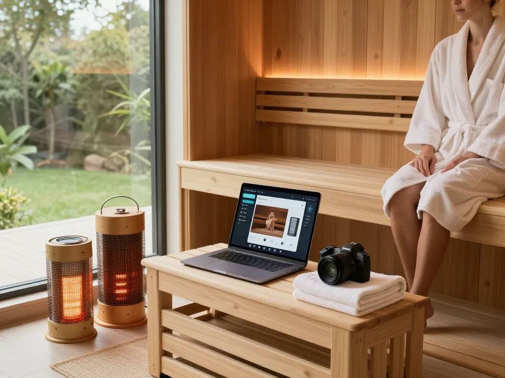 Customizing a sauna 3D configurator with material samples and serene home atmosphere.