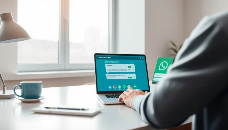 Engaged user accessing WhatsApp Web on a laptop in a bright workspace.