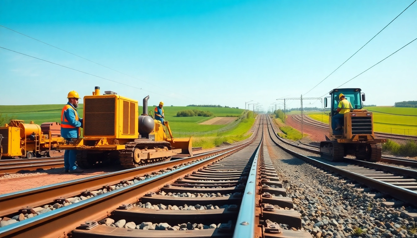 Conducting railroad construction with workers and machinery at an active worksite.