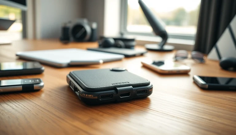 Handy Tasche abschließbar auf modernem Schreibtisch mit Technik-Zubehör arrangiert.