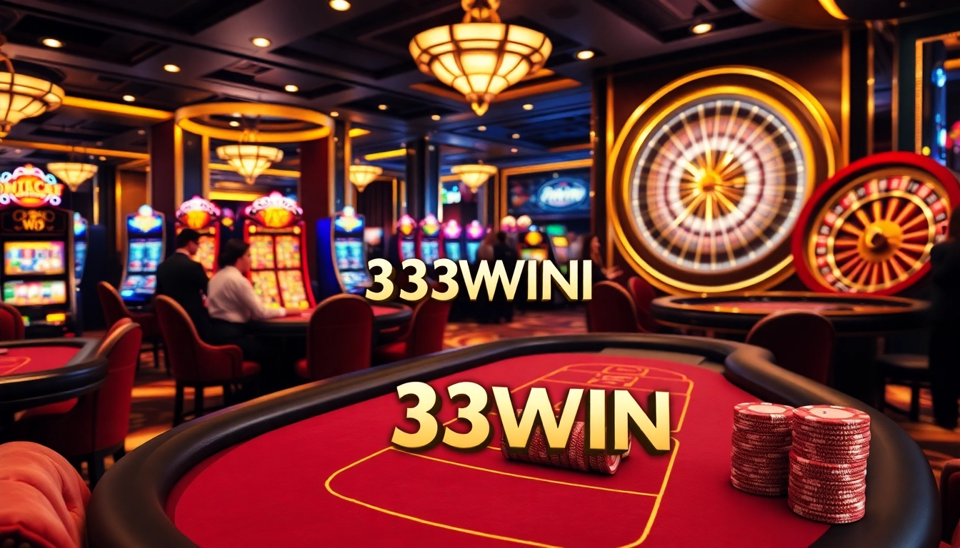 A vibrant casino scene with 33WIN branding, highlighting tables and slot machines.