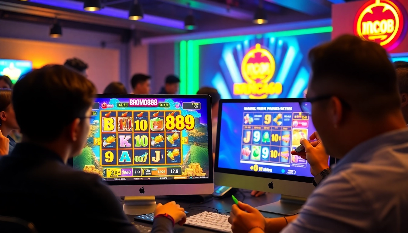 BROMO888 gaming interface showcasing vibrant slot games and enthusiastic players in a lively online atmosphere.