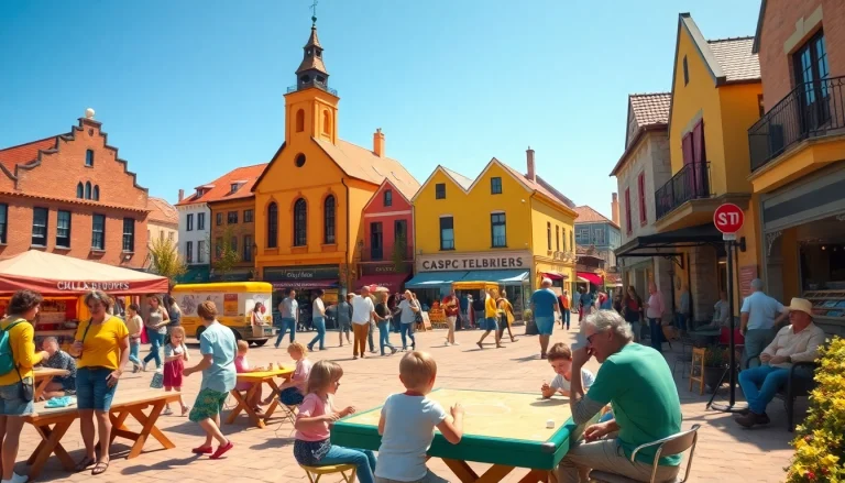 People enjoying lively interactions in Clarksburg town square filled with vibrant market scenes.