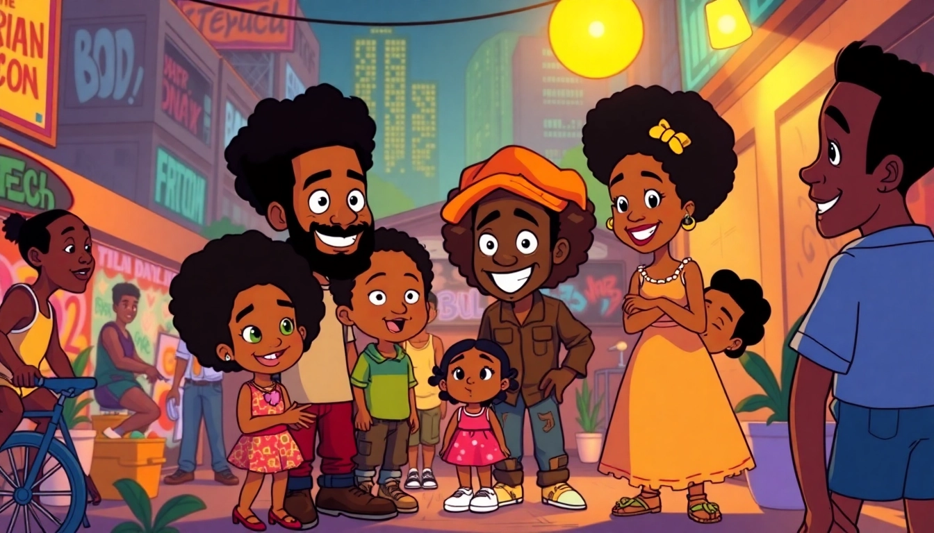 A vibrant illustration of African American Cartoons characters in an urban setting, celebrating Black culture.