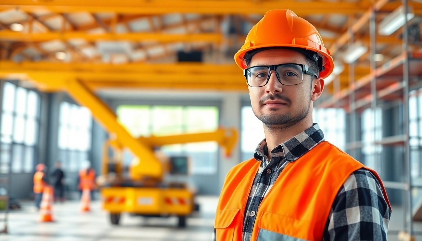 Construction safety training emphasized by a focused worker in a bright construction site.