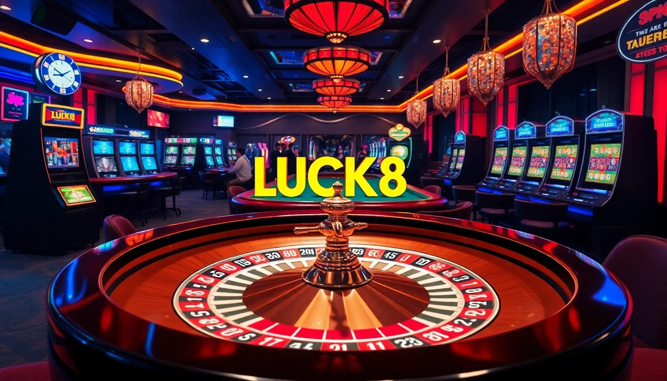 Exciting casino scene with LUCK8 logo on roulette table, vibrant atmosphere, and dynamic gameplay.