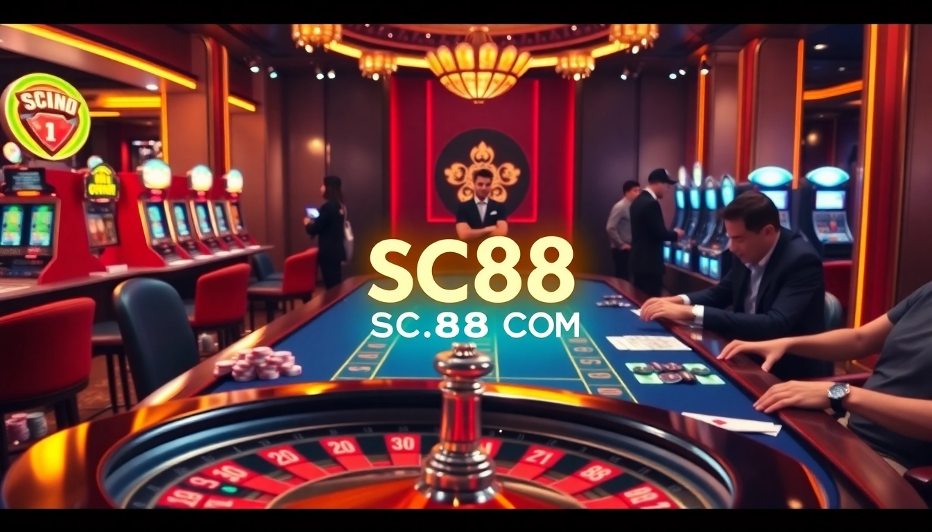 Experience the thrilling excitement at SC88 COM with players at a glamorous casino table.