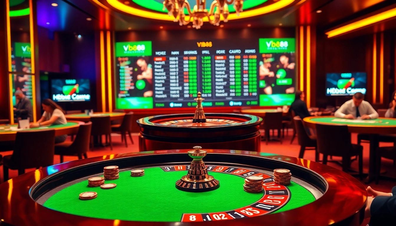 Experience the thrill of betting at Nhà cái VB88 with vibrant casino scenes showcasing roulette and sports betting.