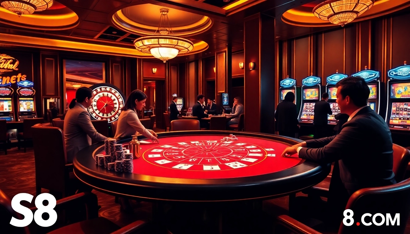 Experience the excitement of S8 .COM with players at a vibrant blackjack table in a luxurious casino.