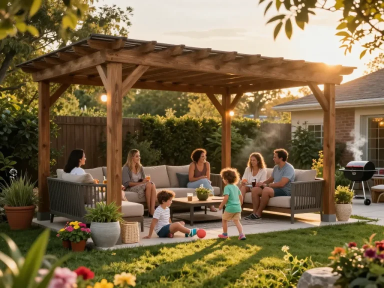 Family enjoying a customizable outdoor living space with a pergola configurator in a sunny backyard.