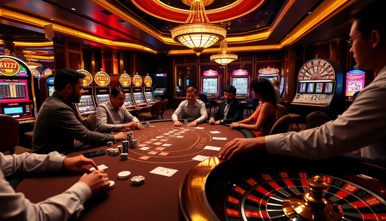 Engaged gamblers enjoying excitement at a casino table with link da88 branding visible.