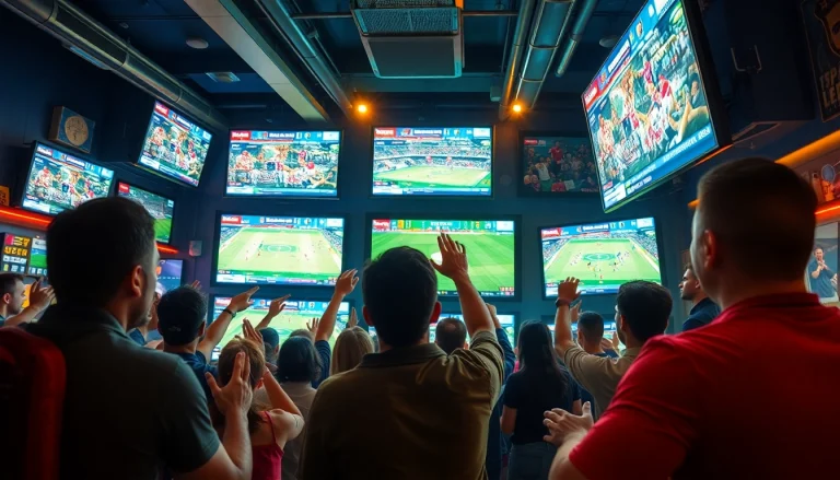 Exciting scene of sports fans engaged in live streaming and betting at 토토스토리, showcasing community spirit.