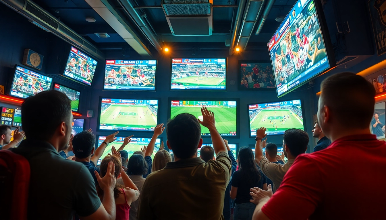 Exciting scene of sports fans engaged in live streaming and betting at 토토스토리, showcasing community spirit.