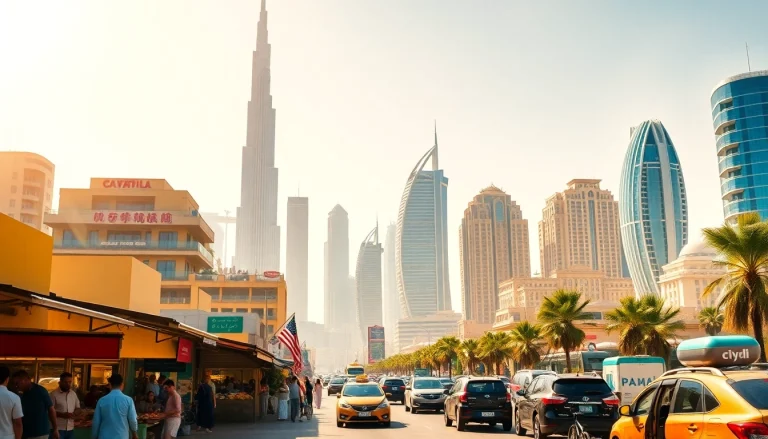 A vibrant Dubai City Guide image featuring iconic landmarks and a bustling market scene.