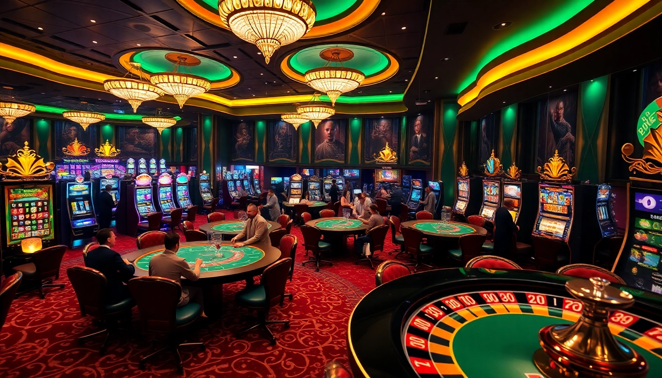 Players engaging in exciting casino games at kp88, showcasing vibrant poker tables and slots.