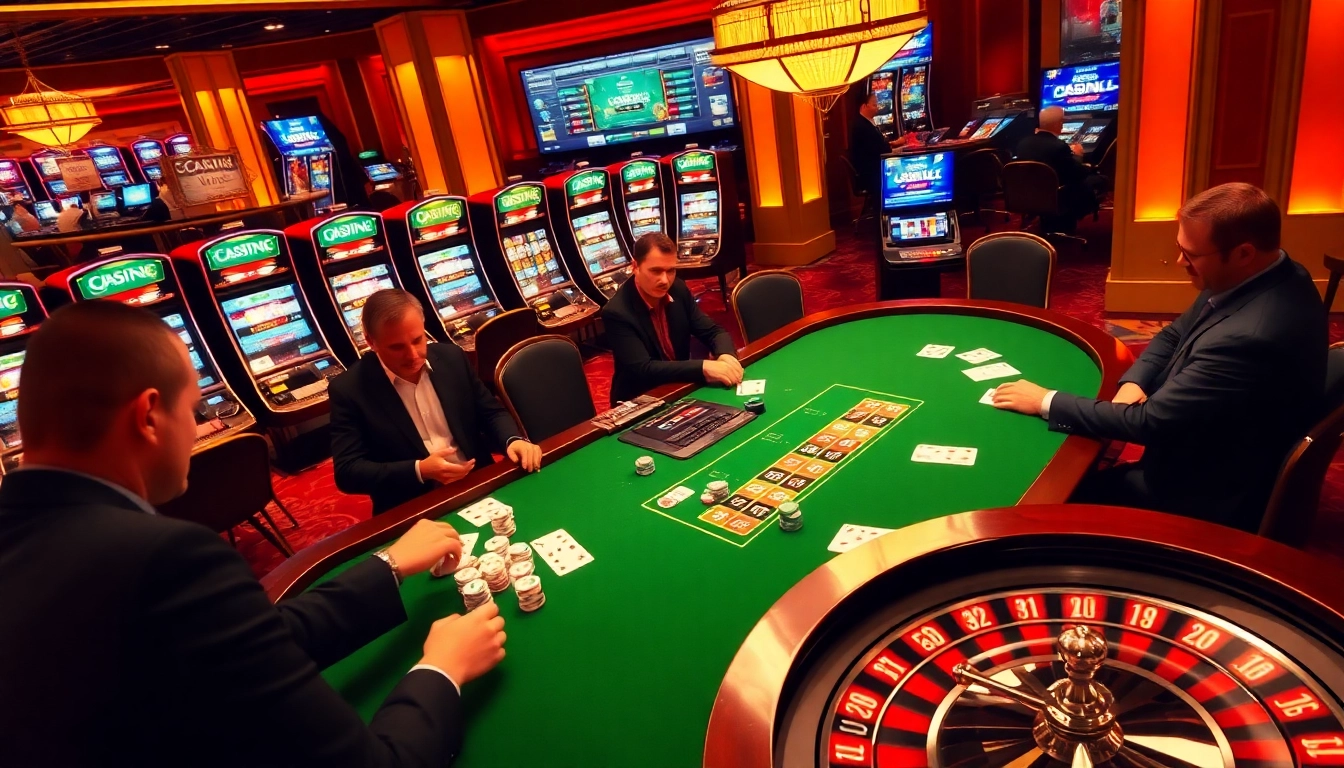 Participez à un gameplay palpitant dans un casino en ligne, avec une table de poker remplie de jetons vibrants et de cartes.