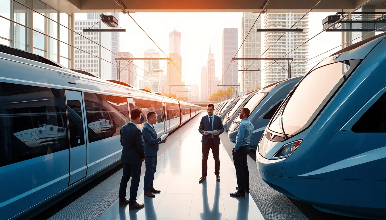 Rail systems company showcasing advanced train technology in an urban environment.