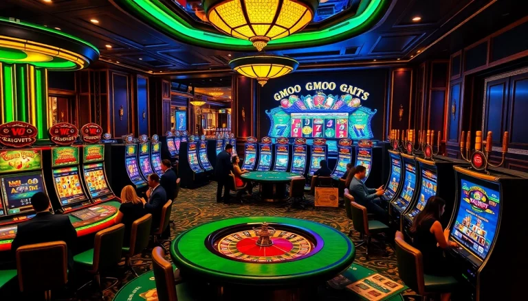 Exciting mmoo-themed slot machines and roulette tables shining in a luxurious casino setting.