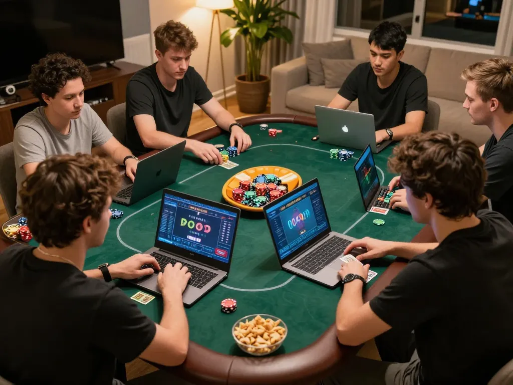 Players engaging in a strategic online poker game at home, showcasing MB66's vibrant gaming experience.