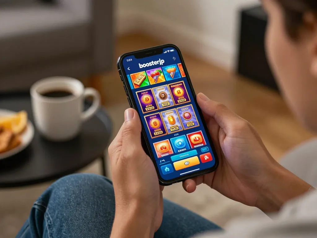 Engaged user exploring the boosterjp online casino app on a smartphone, showcasing interactive slot game graphics.