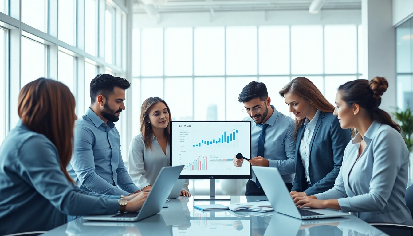 Teams engaging with competitive intelligence faqs through data analysis in a bright office.