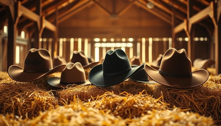 Shop stylish cowboy hats showcased in a rustic barn setting with natural lighting.