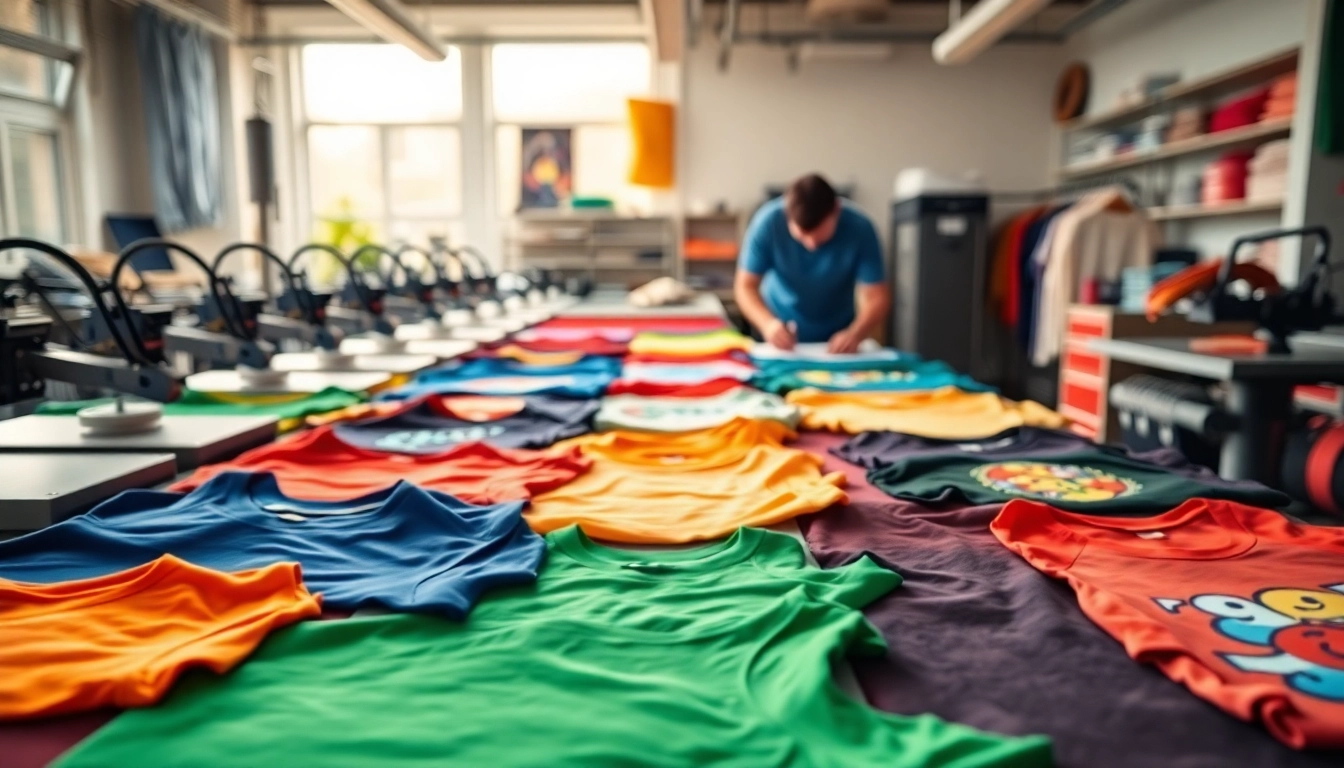 T shirt printing Edmonton displayed in a modern workshop showcasing colorful designs and skilled artisans.