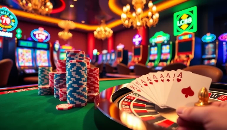 Engaging in a thrilling game at LC88's vibrant casino table filled with colorful chips and cards.