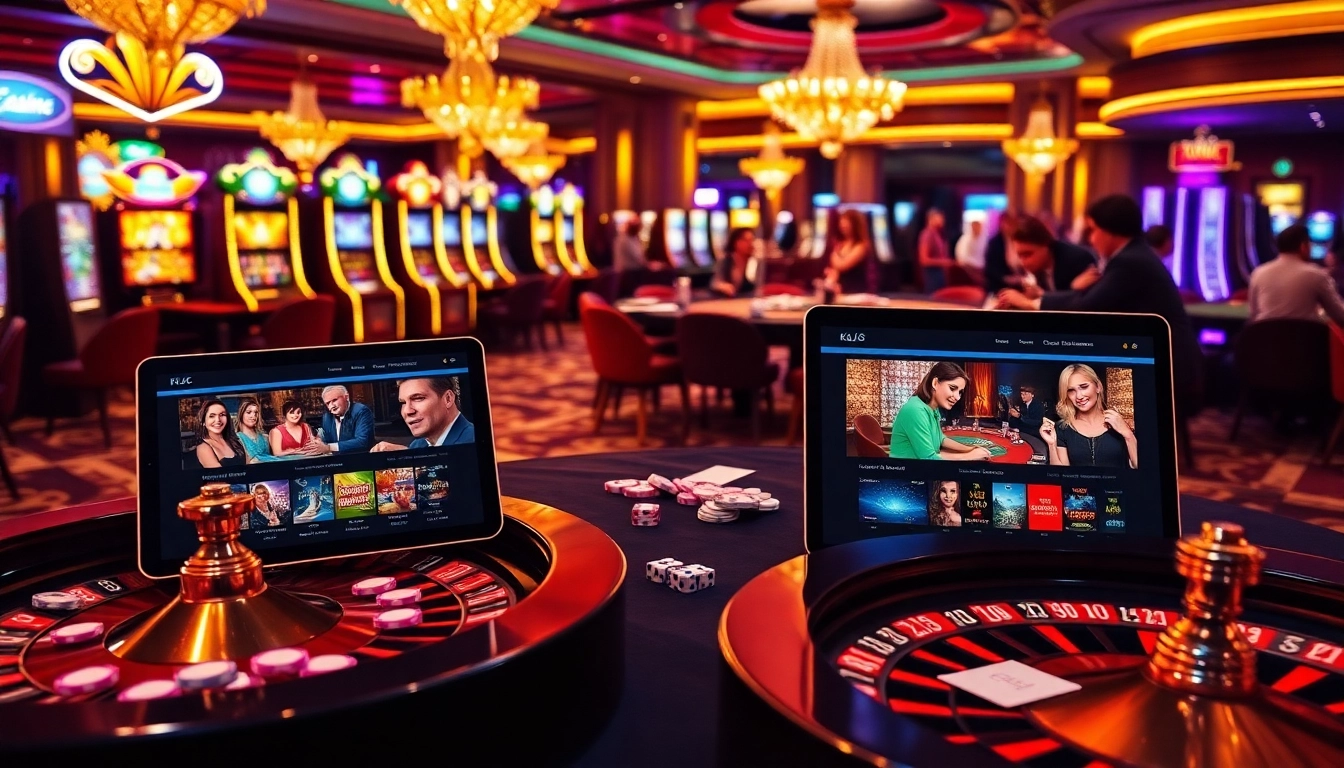 KJC online gambling experience with vibrant casino tables and engaging players at a poker game.