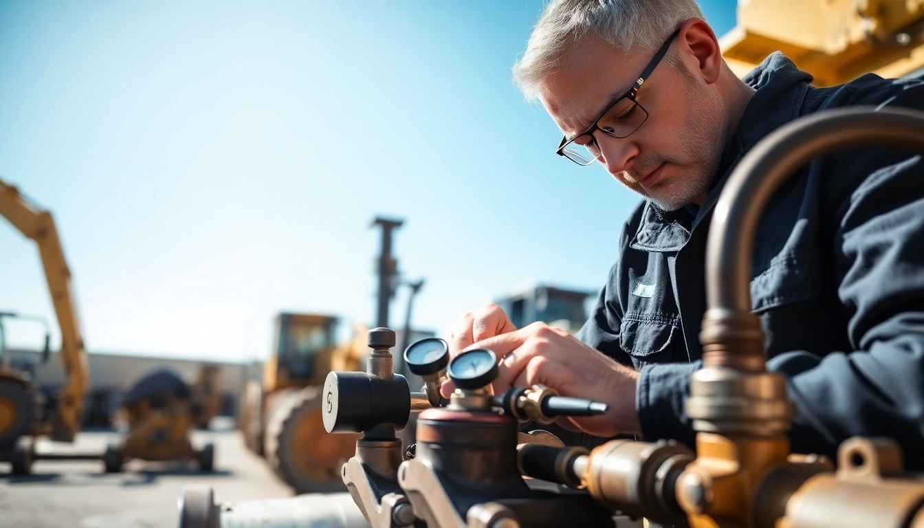 Technician performing on-site hydraulic repair with machinery and tools in a bright setting.