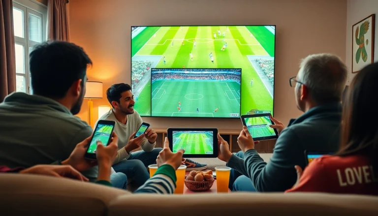 Excited fans enjoy live soccer streaming on socolive.com.co in a vibrant living room.