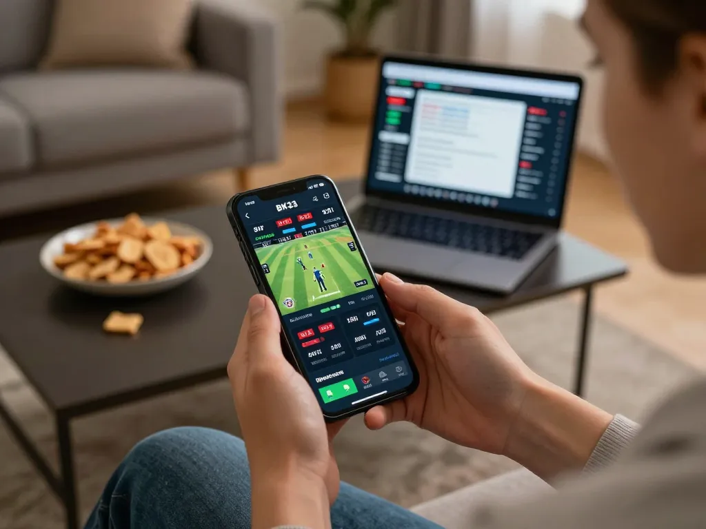 Engaged player using BK33 app for sports betting while enjoying a cozy home atmosphere.
