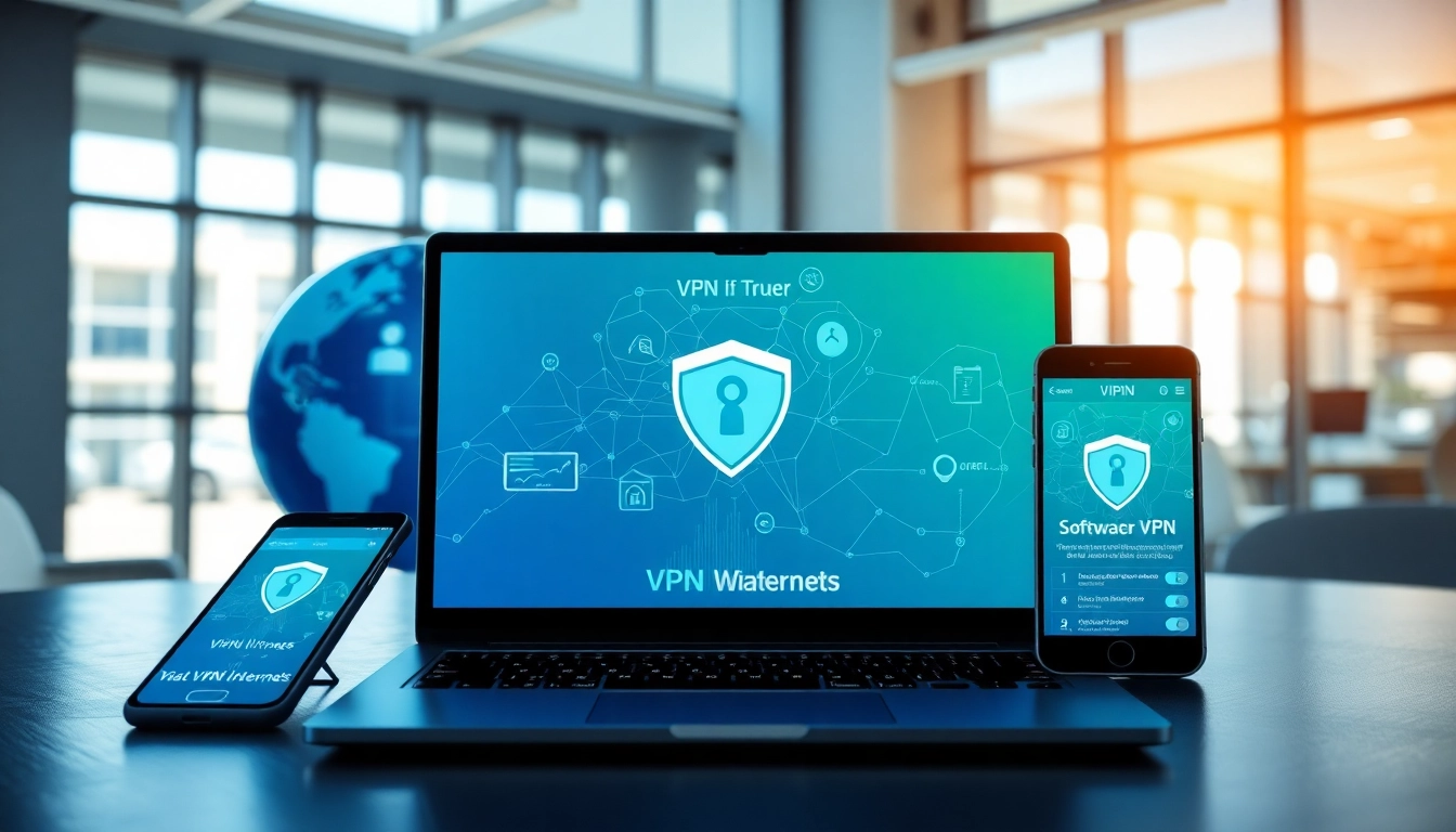 在现代工作空间中多设备显示的快连下载界面，聚焦连接性。