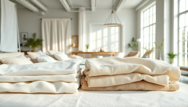 Bekijk hoogwaardige linnen stoffen in een elegante showroom vol texturen en kleuren.