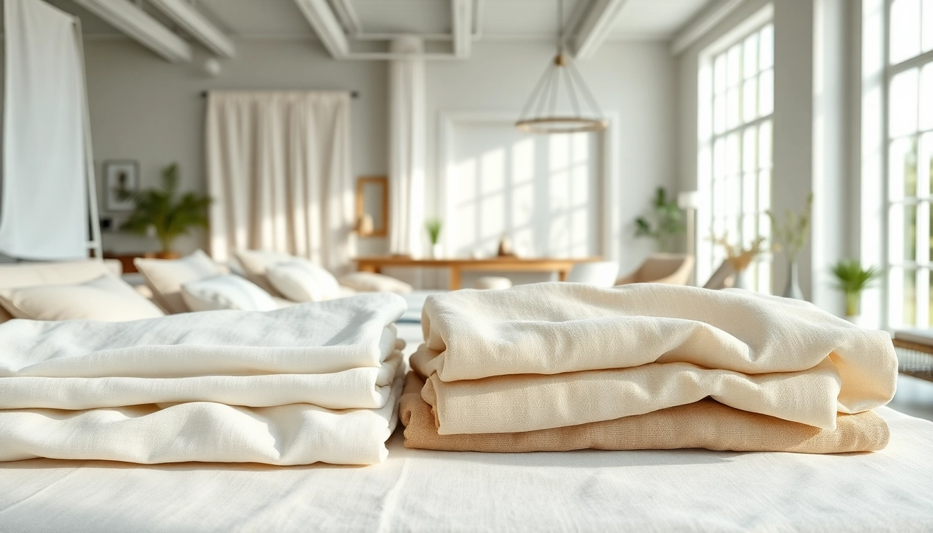 Bekijk hoogwaardige linnen stoffen in een elegante showroom vol texturen en kleuren.