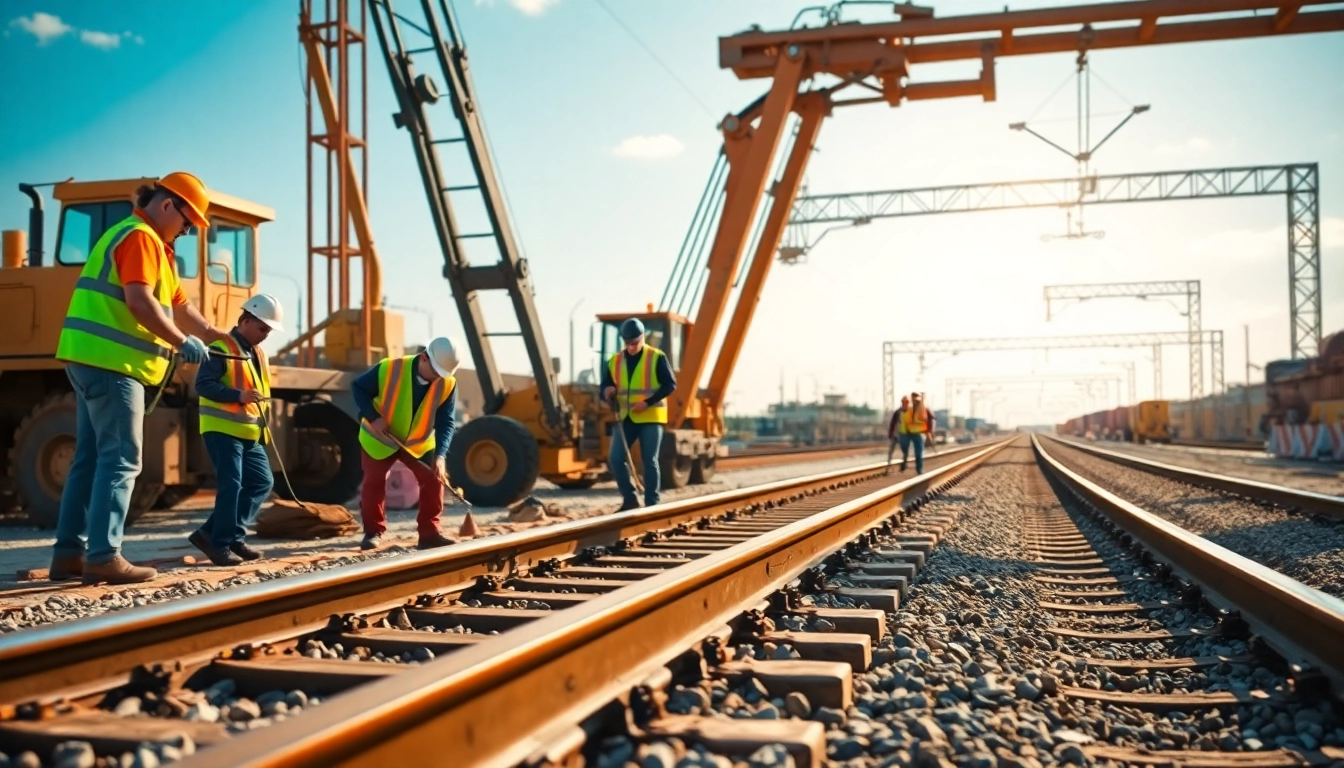 Workers engaged in railroad construction, showcasing teamwork and machinery in a dynamic scene.