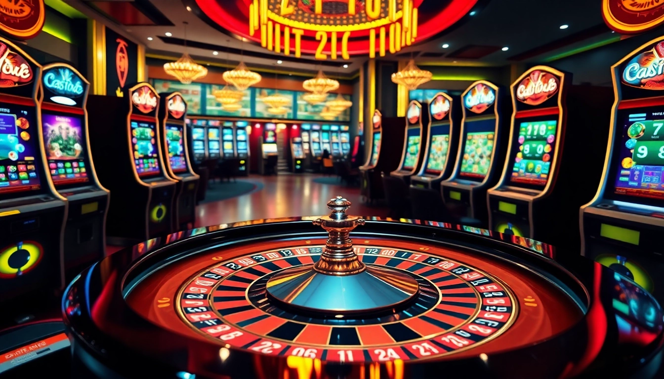 Une table de roulette virtuelle et des machines à sous mettant en avant l'attrait du casino en ligne avec des couleurs vives et un design élégant.