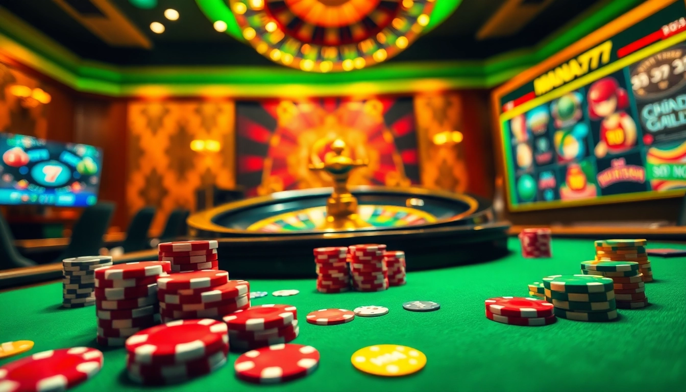 MANA777 gaming excitement at a vibrant casino table with cards, chips, and a roulette wheel.