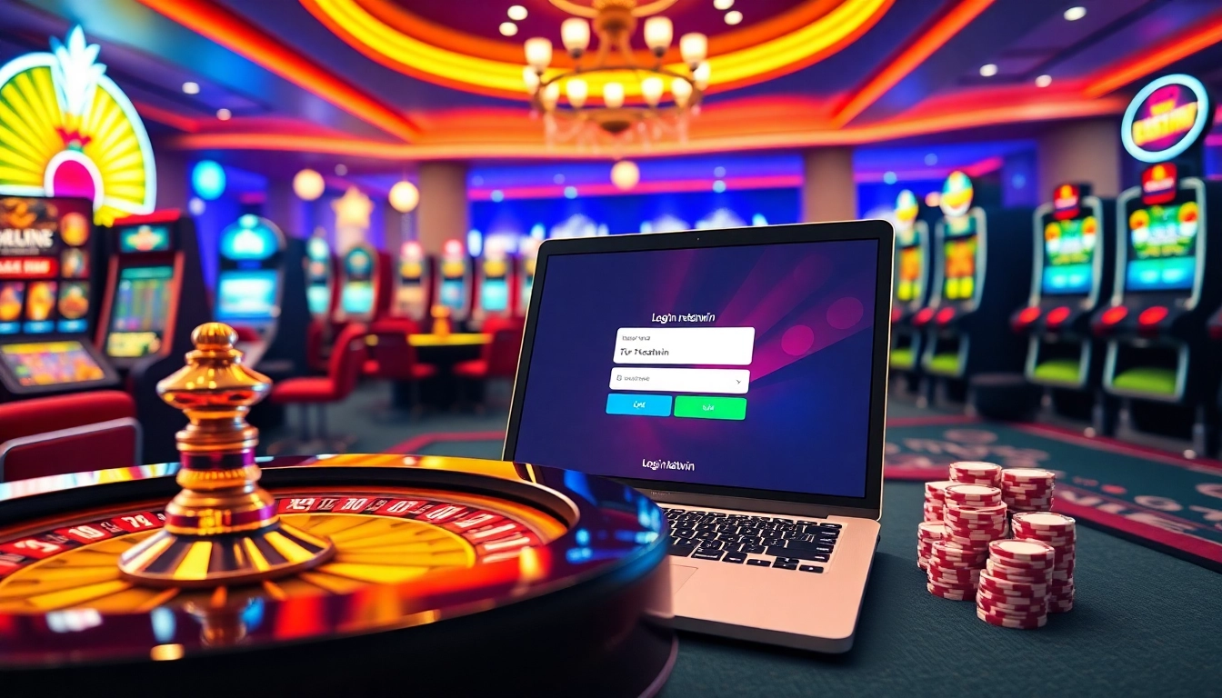 Engage in thrilling gameplay with login nekatwin at a vibrant casino setting, featuring roulette and slot machines.