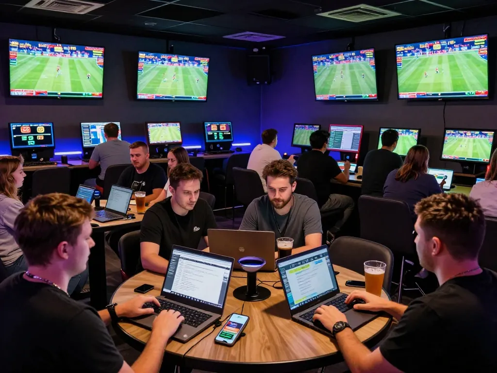 MAY88 bettors engaging with mobile apps in a lively sports betting lounge.