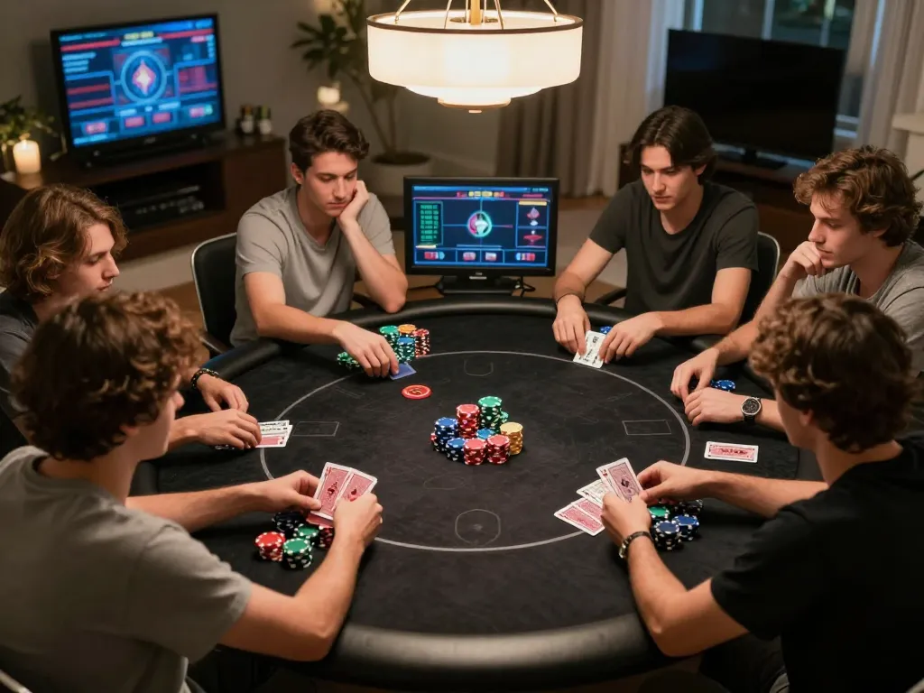 Players engaging in an online poker game on vipwin with colorful chips and strategic gameplay.