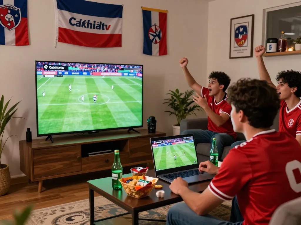 Cakhiatv football fan enjoying a live stream watch party with friends and team memorabilia in a cozy setting.