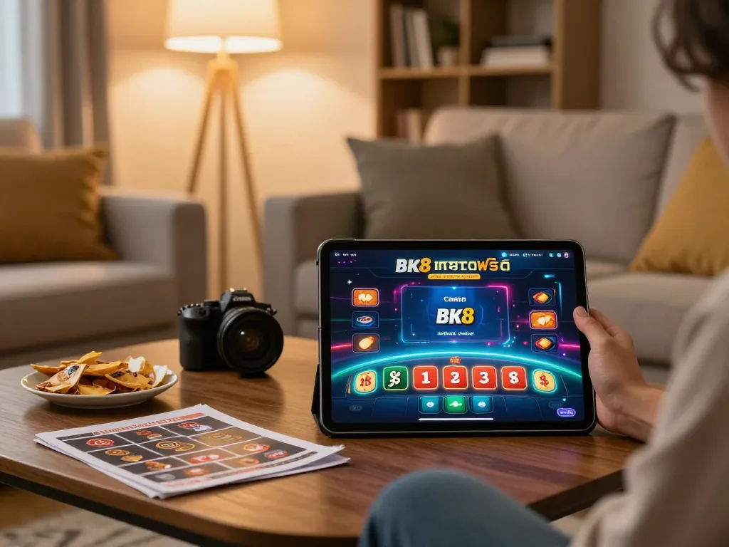 Engaging view of a player enjoying bk8 เครดิตฟรี on a tablet in a cozy home setting with strategy notes